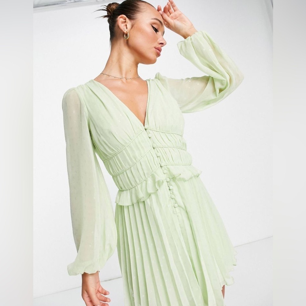 ASOS Sage Green Dobby Pleated Mini Dress Fairycore Forest Pixie Vibe NWT Size 4 - Picture 11 of 14
